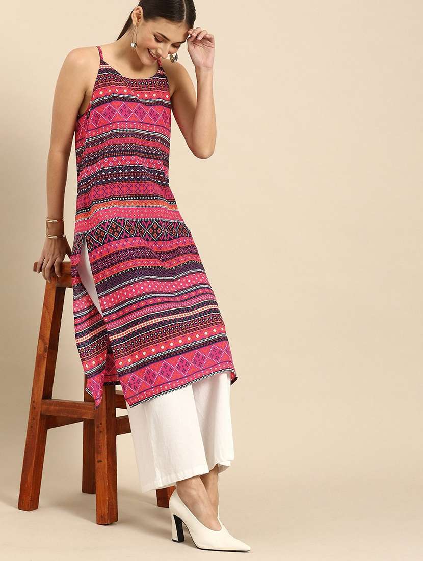 women printed shoulder strap straight kurta - 21145410 -  Standard Image - 1