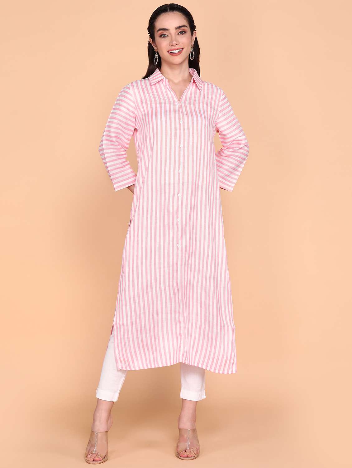 women striped collared straight kurta