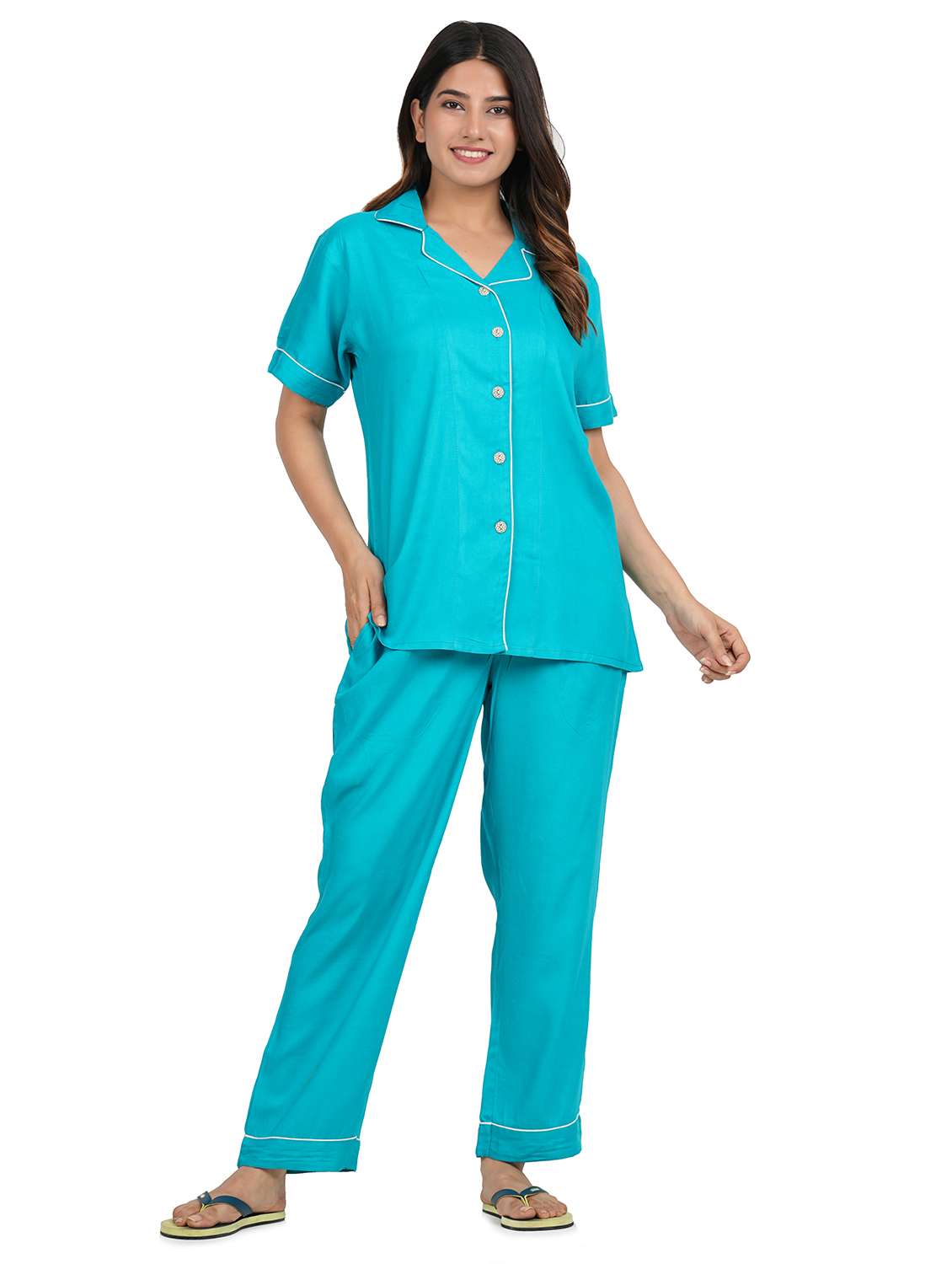 solid turquoise shirt & pyjama nightwear set