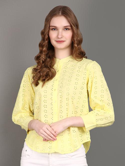 women yellow regular fit schiffli mandarin neck top - 21148141 - Standard Image - 0