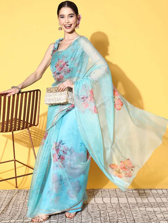 women light blue floral printed saree - 21148517 -  Standard Image - 1