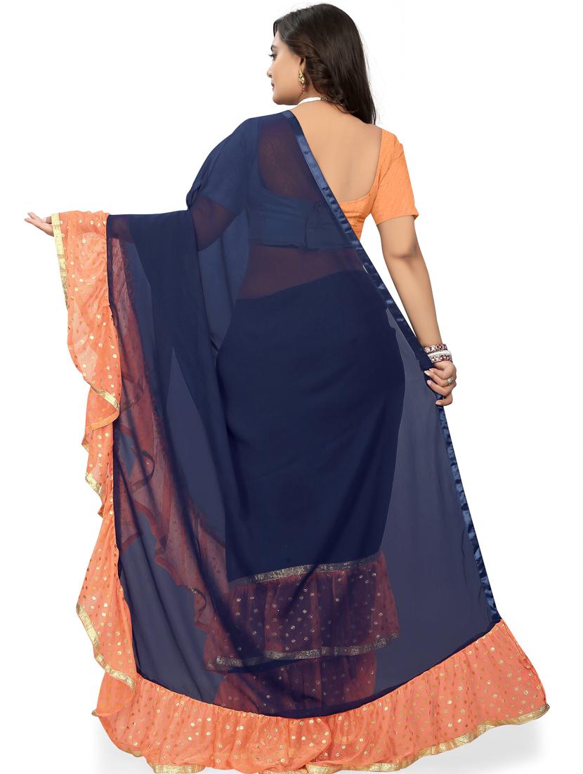 women navy blue solid ruffle saree - 21148623 -  Standard Image - 1