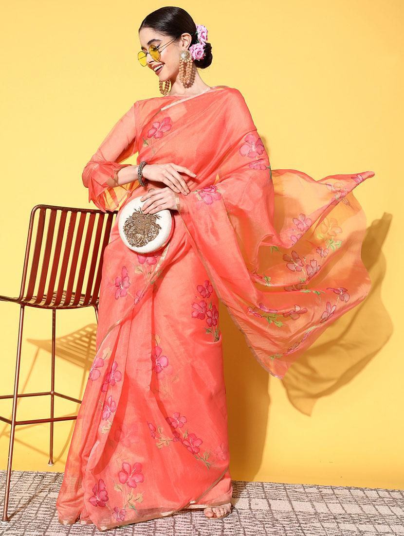 coral printed saree - 21148747 -  Standard Image - 1