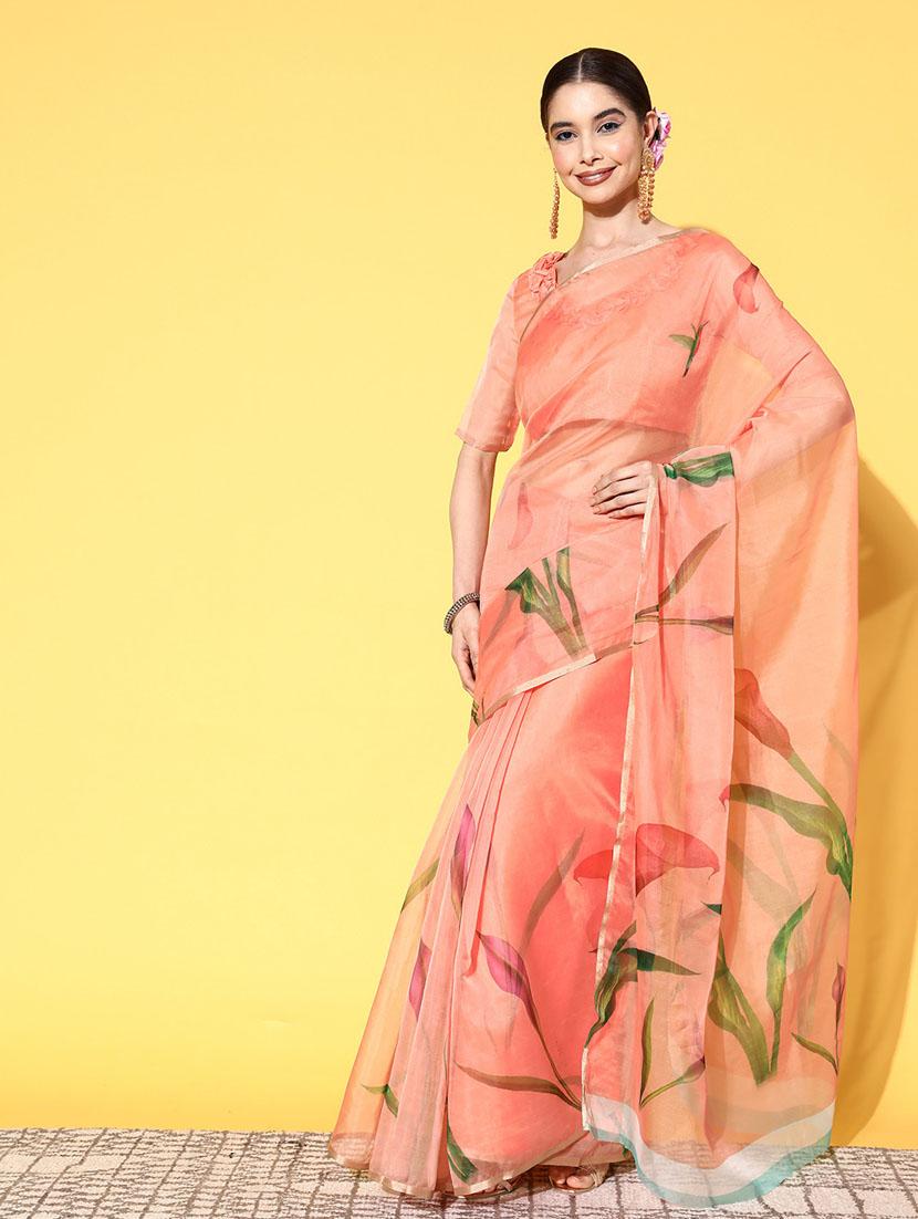 peach organza printed saree - 21148750 -  Standard Image - 1