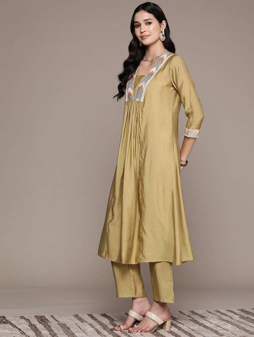 women khaki v neck kurta pant set - 21150565 -  Standard Image - 1