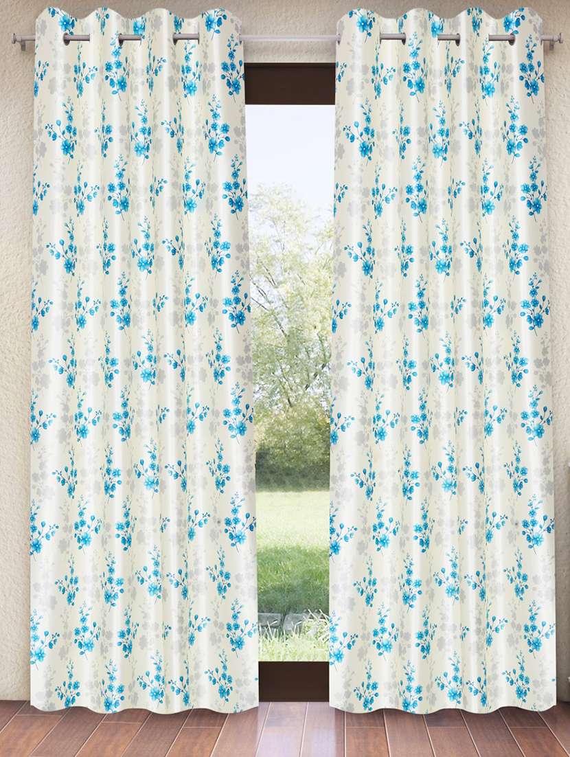 blue 2 pieces bloom burst eyelet polyester window curtains