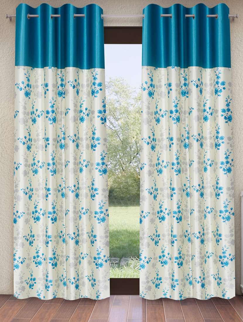 blue 2 pieces solid patch bloom burst eyelet polyester window curtains 