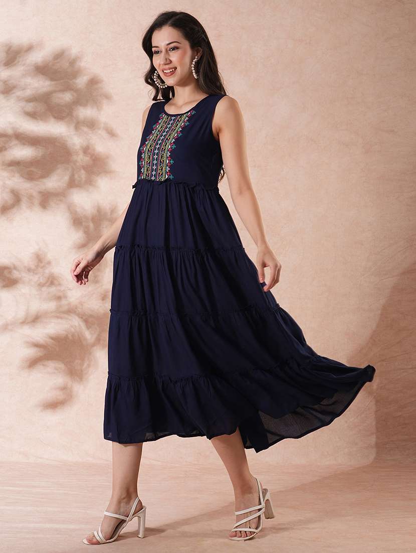 globus women navy embroidered yoke gathered tiered fit & flare maxi dress - 21150661 -  Standard Image - 1