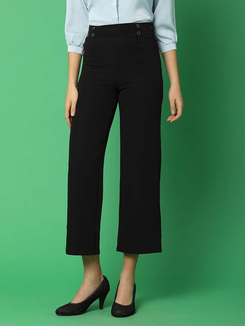 women solid black wide leg trouser