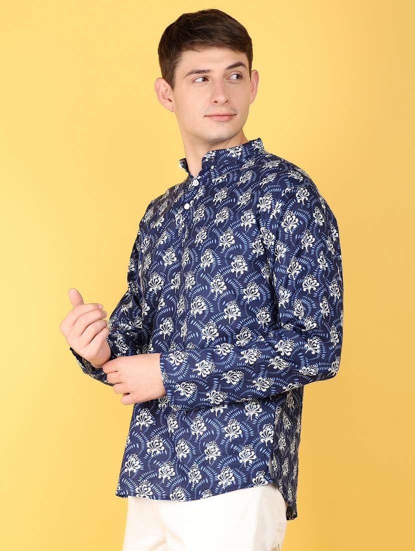 men navy blue printed long sleeves short kurta - 21151803 -  Standard Image - 1