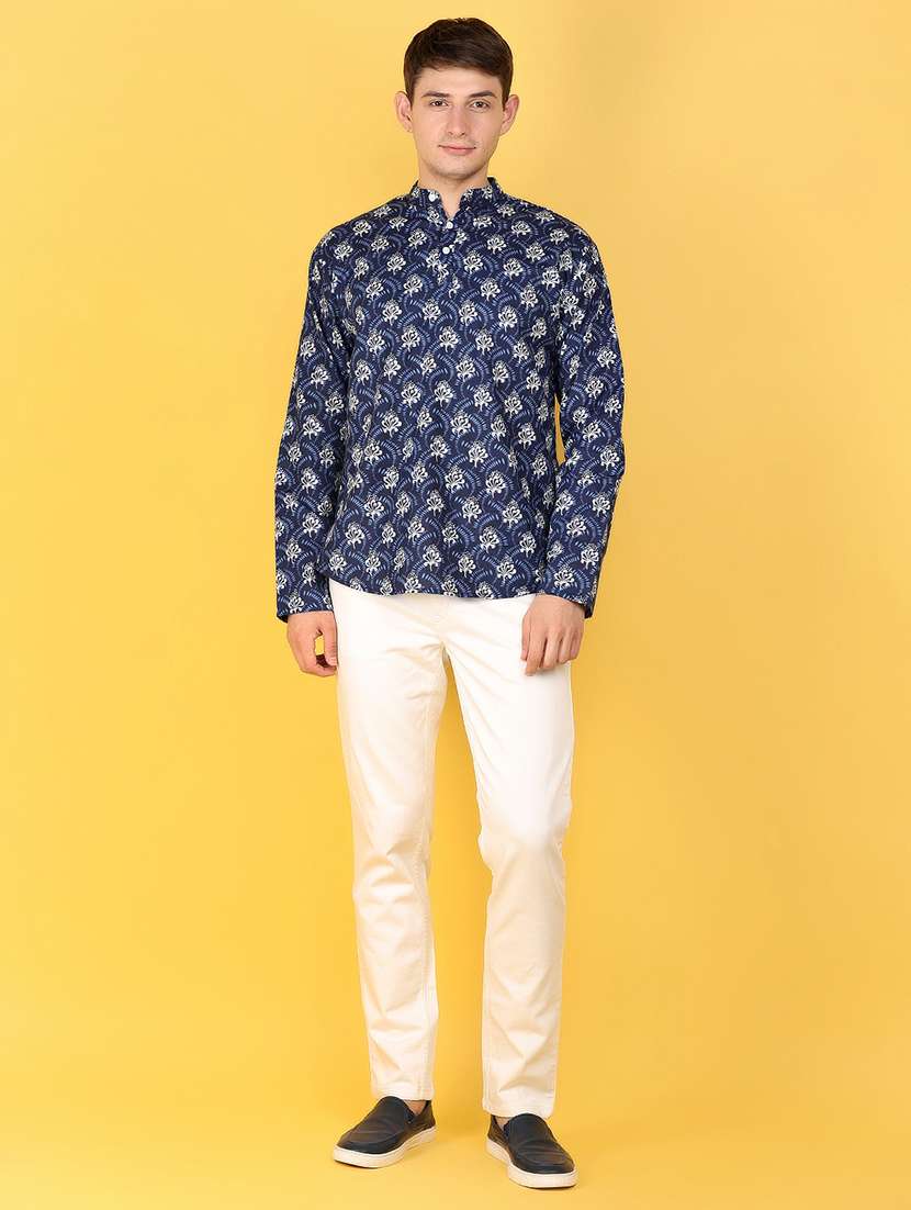 men navy blue printed long sleeves short kurta - 21151803 -  Standard Image - 4