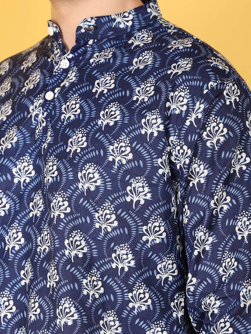 men navy blue printed long sleeves short kurta - 21151803 -  Standard Image - 6