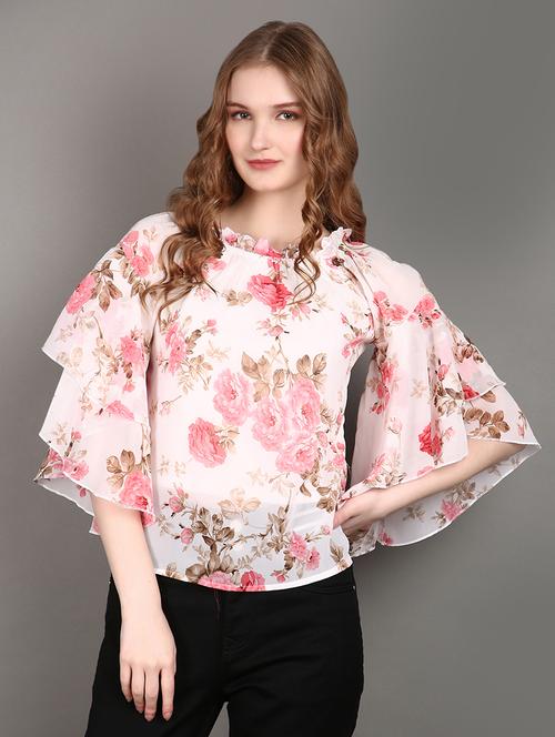 women pink regular fit floralbell sleeves top - 21151879 - Standard Image - 0