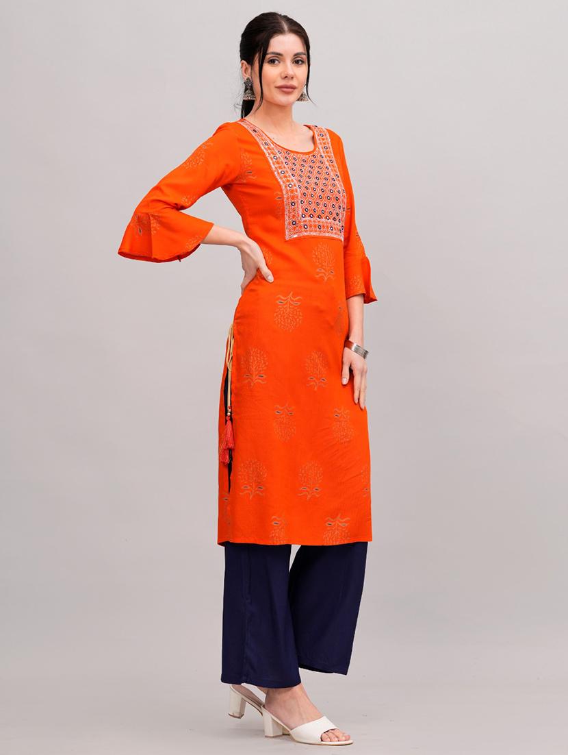 women orange round neck kurta pant set - 21152658 - Standard Image - 1