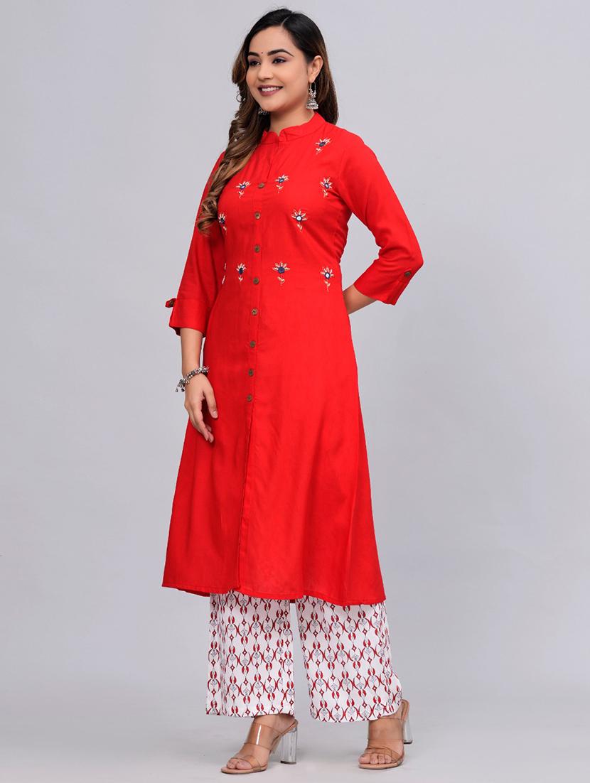 women mandarin neck kurta palazzo set - 21152669 - Standard Image - 1
