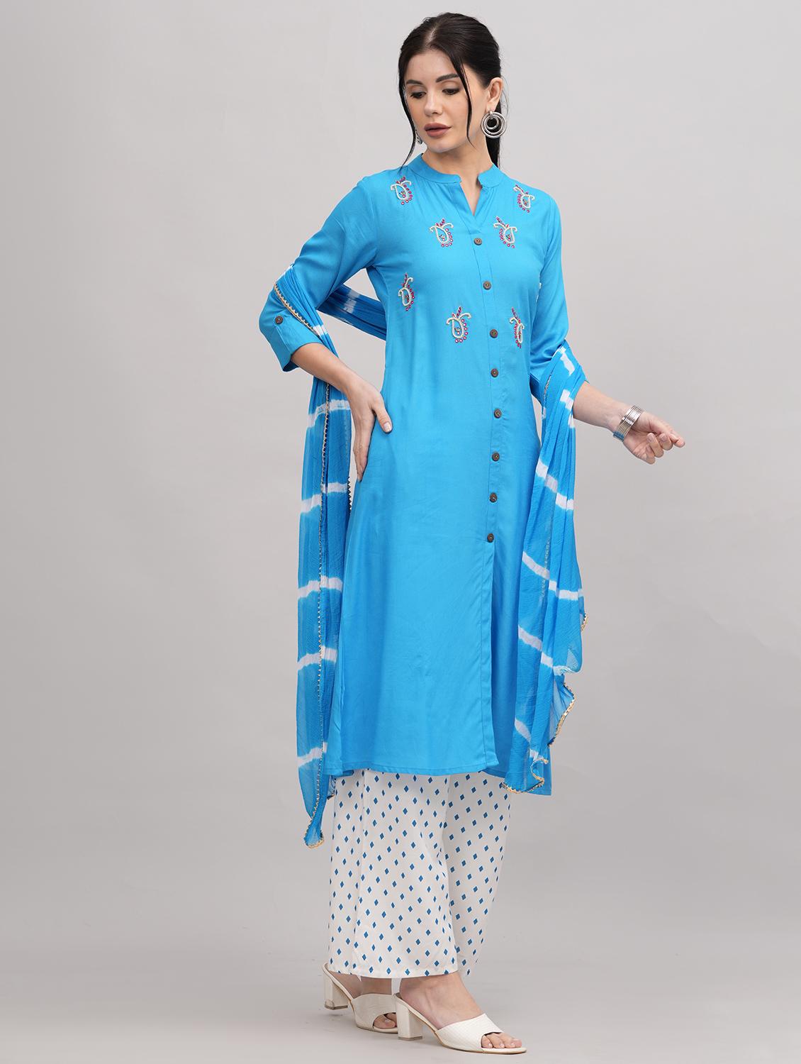 women mandarin neck kurta palazzo set with dupatta - 21152688 - Standard Image - 1