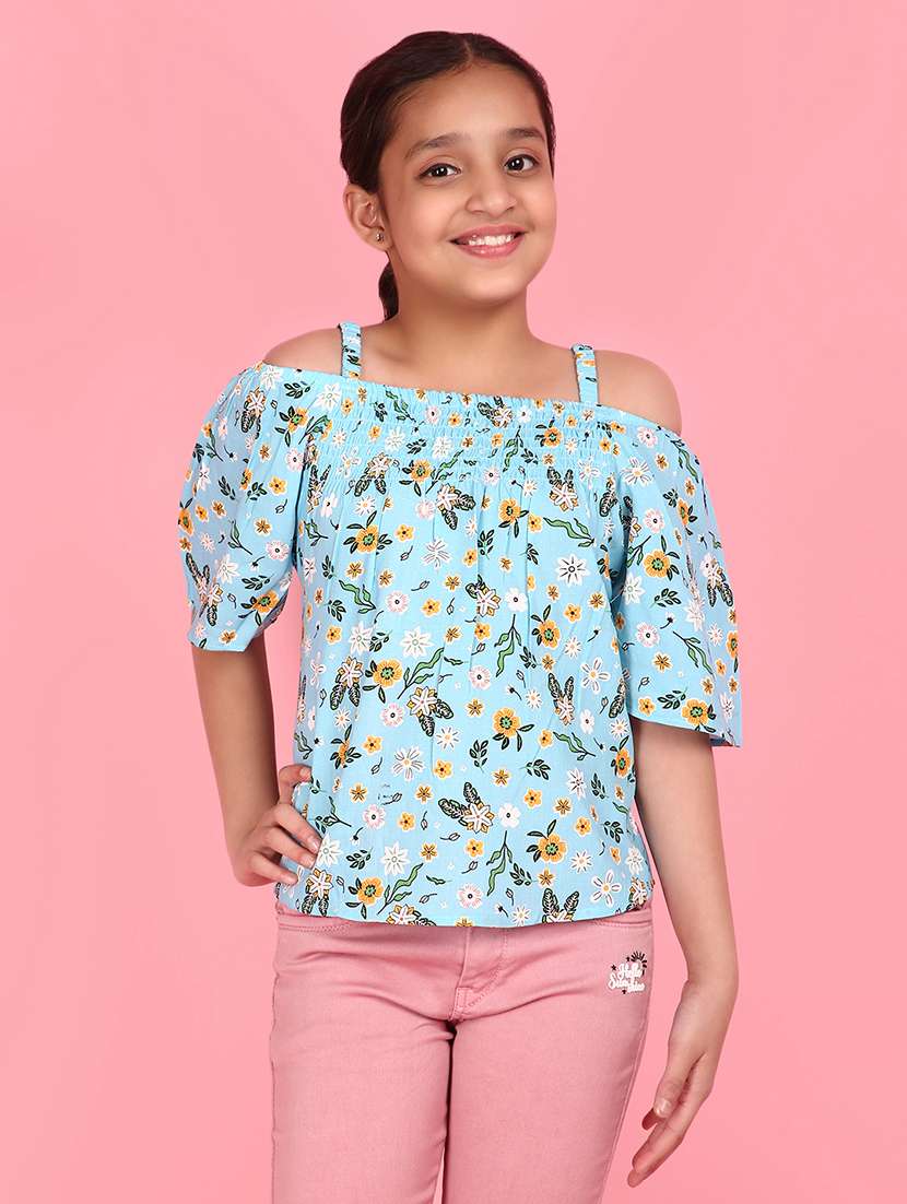 girls light blue floral printed top