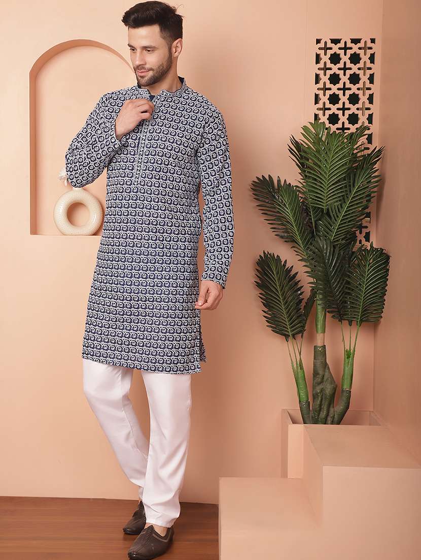 navy blue embroidered kurta pyjama set - 21154093 - Standard Image - 1
