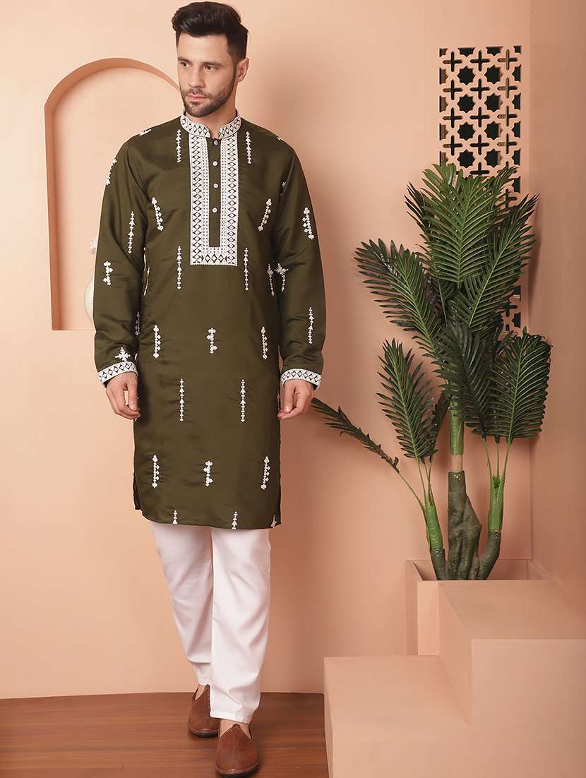 olive green embroidered kurta pyjama set