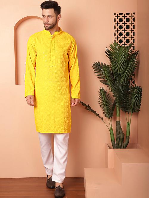 yellow embroidered kurta pyjama set - 21154110 - Standard Image - 0