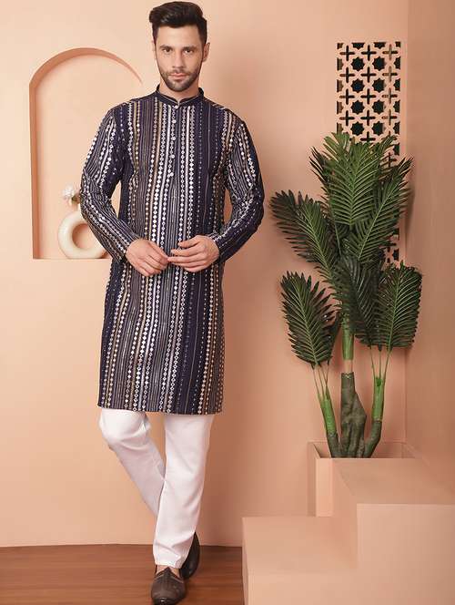 navy blue embroidered kurta pyjama set - 21154113 -  Standard Image - 0