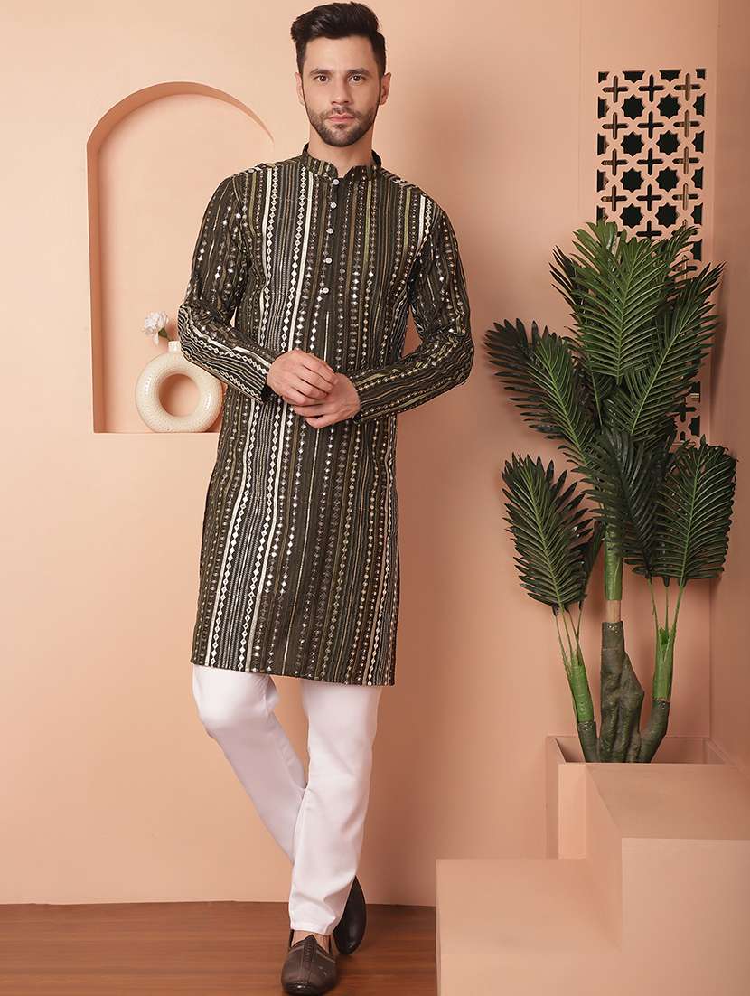 olive green embroidered kurta pyjama set