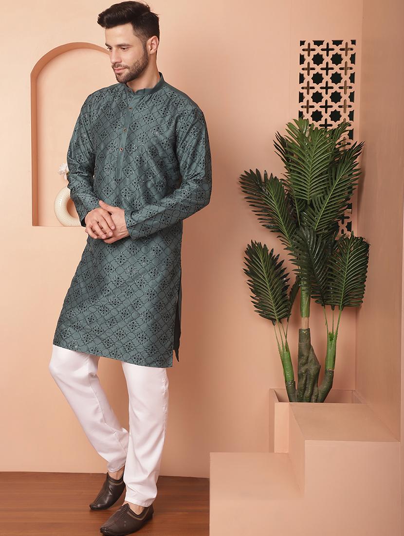 teal self design kurta pyjama set - 21154117 -  Standard Image - 1
