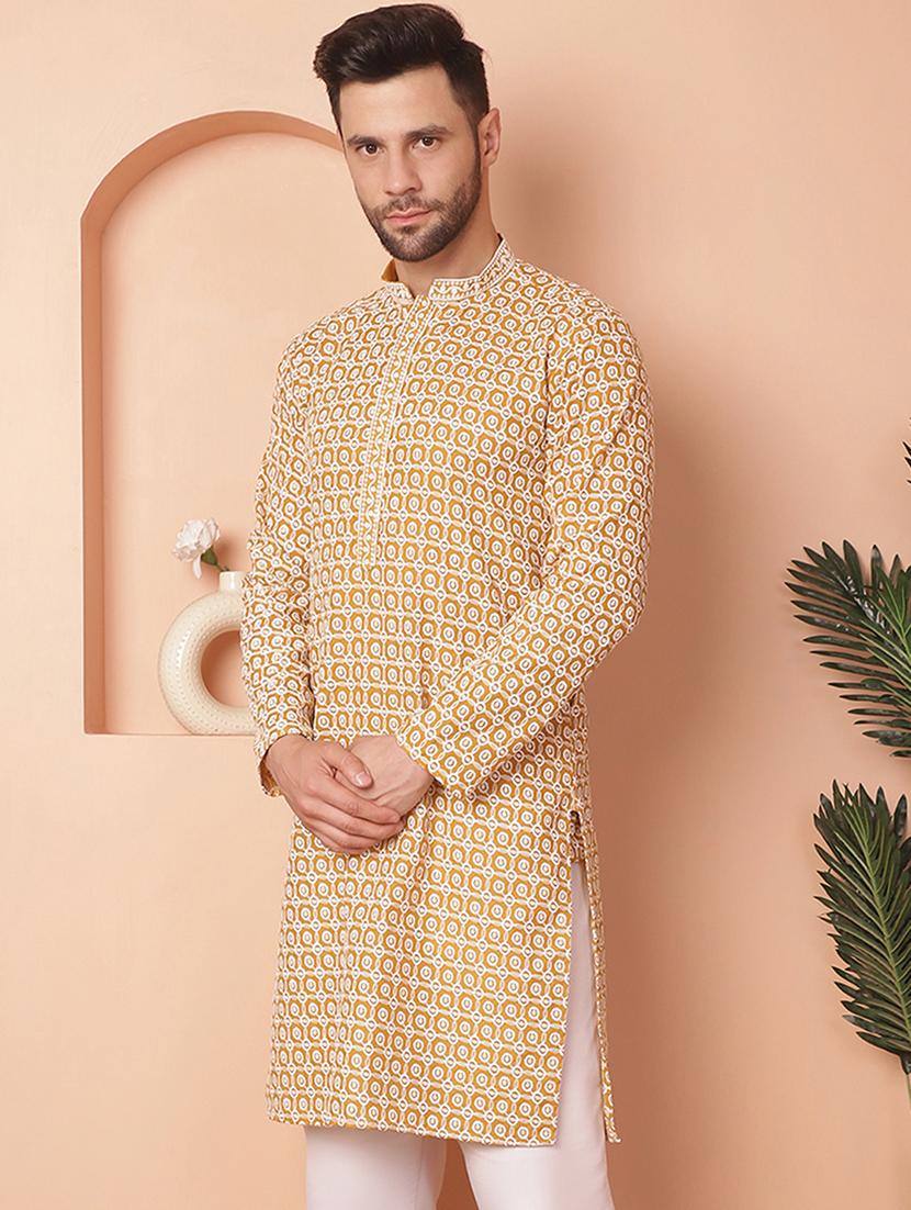 mustard embroidered cotton kurta - 21154123 - Standard Image - 1