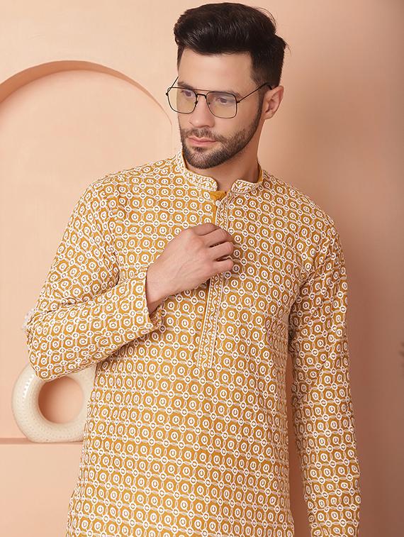mustard embroidered cotton kurta - 21154123 - Standard Image - 4