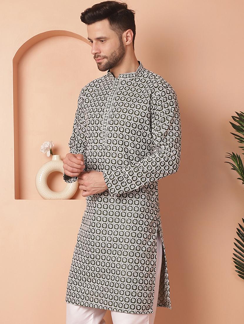 olive green embroidered cotton kurta - 21154125 - Standard Image - 1