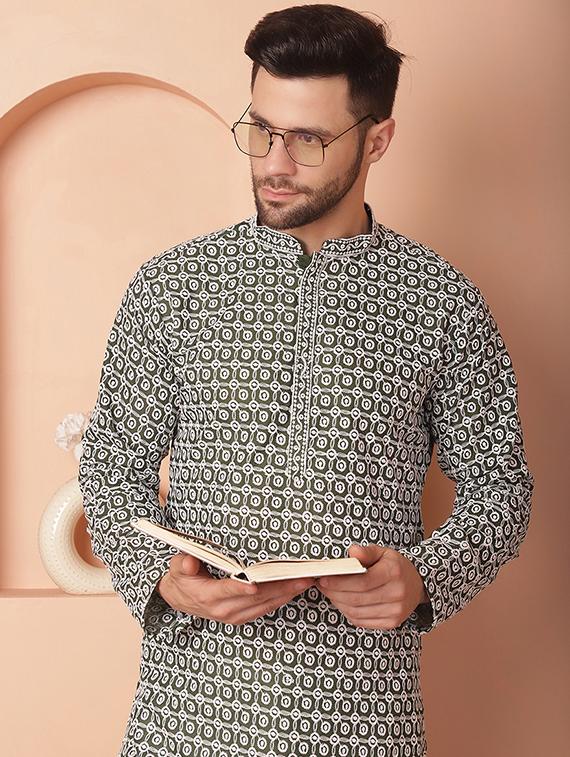 olive green embroidered cotton kurta - 21154125 - Standard Image - 4