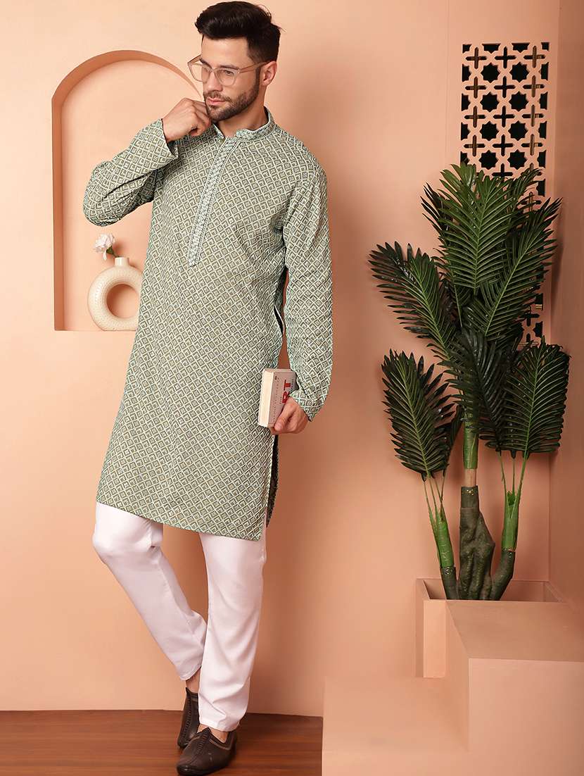 men solid with work mandarin neck long kurta
