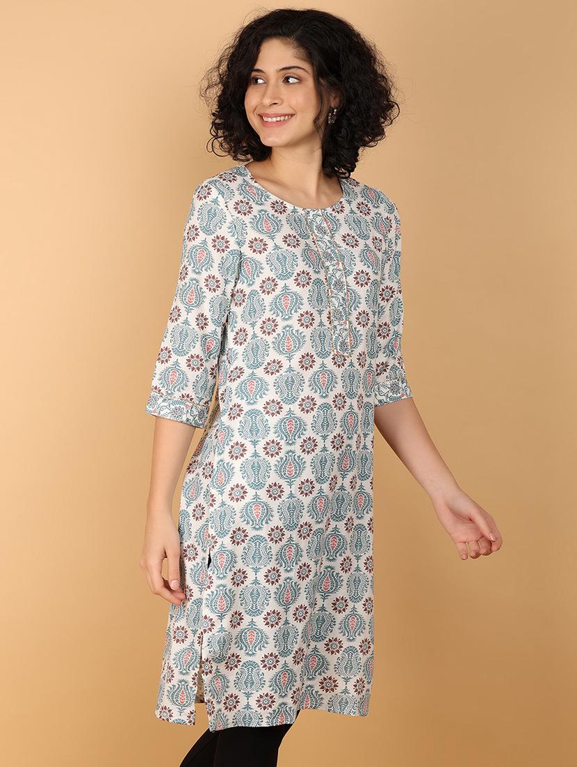 women three quarter sleeve straight kurta - 21154419 - Standard Image - 1