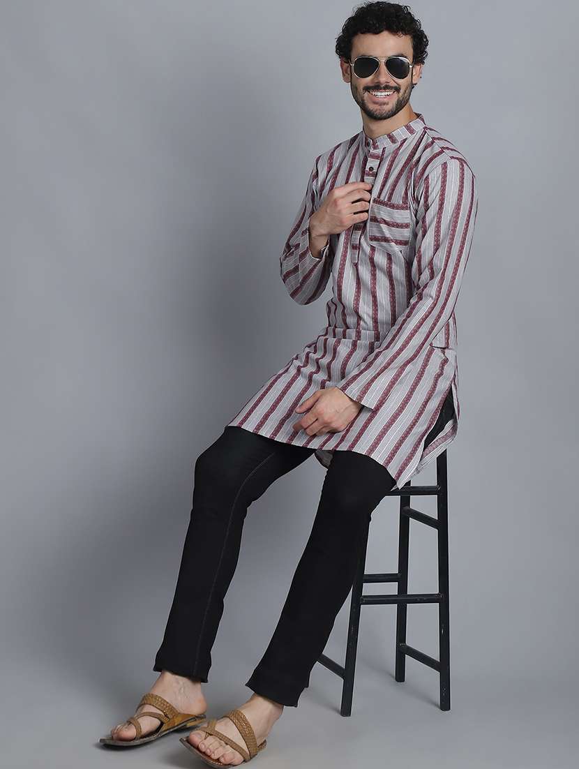men striped cotton long kurta - 21155941 -  Standard Image - 4