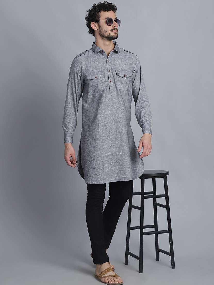men grey cotton pathani kurta - 21155945 -  Standard Image - 4