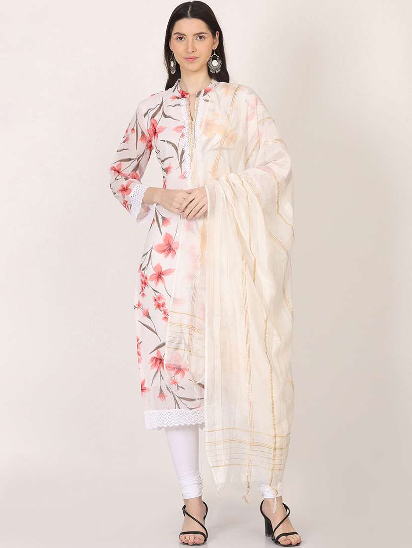 women beige kurta legging set with dupatta