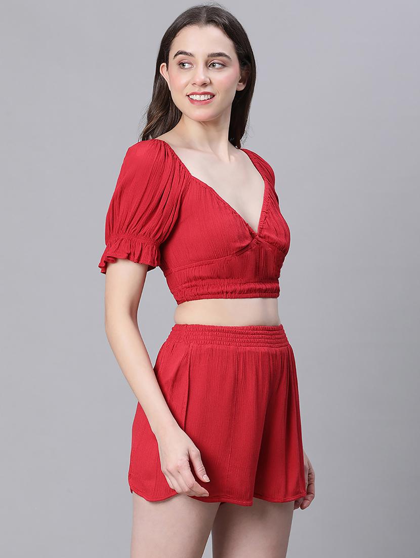 red viscose top & shorts nightwear set - 21156032 -  Standard Image - 1