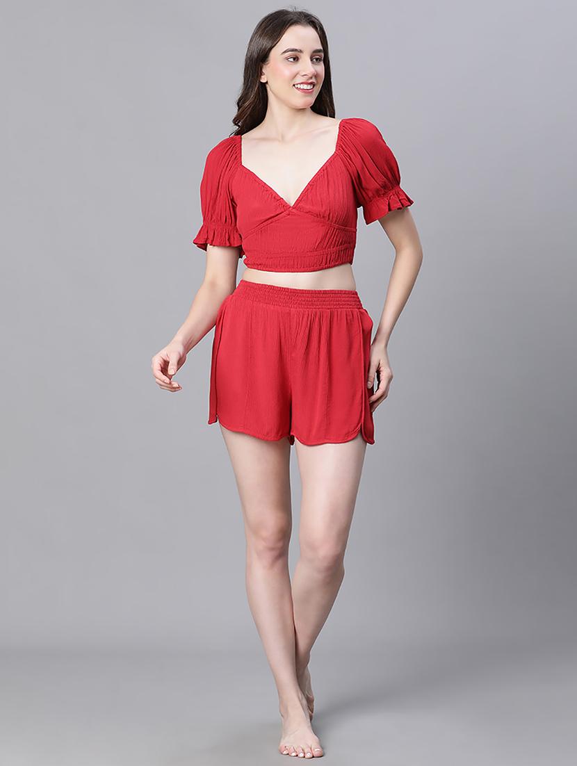 red viscose top & shorts nightwear set - 21156032 - Standard Image - 4