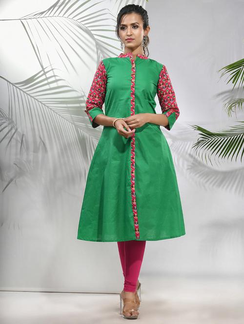 green cotton aline kurta - 21157660 - Standard Image - 0