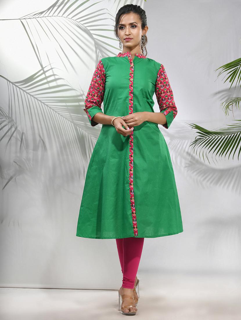 green cotton aline kurta - 21157660 - Zoom Image - 0
