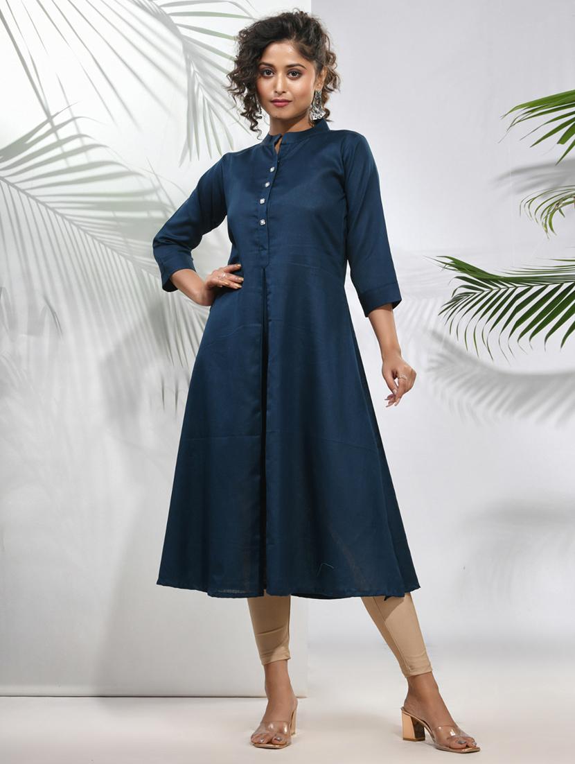 navy blue cotton a-line kurta - 21157675 -  Zoom Image - 0