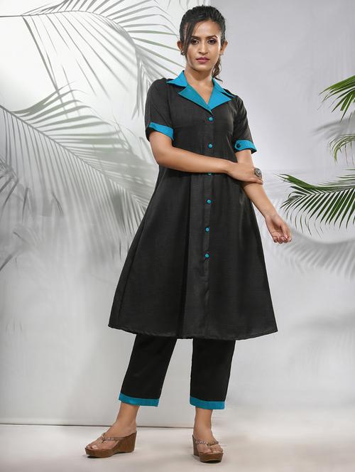 black silk blend aline kurta - 21157693 - Standard Image - 0