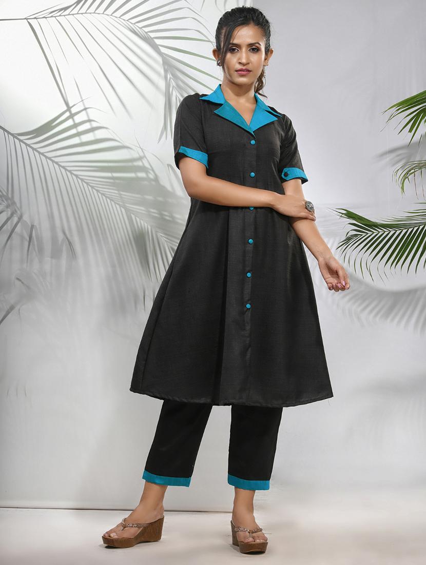 black silk blend aline kurta - 21157693 - Zoom Image - 0