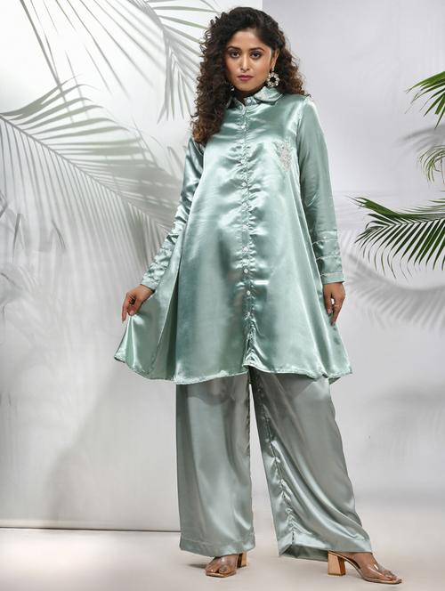 green satin fusion kurta - 21157700 - Standard Image - 0
