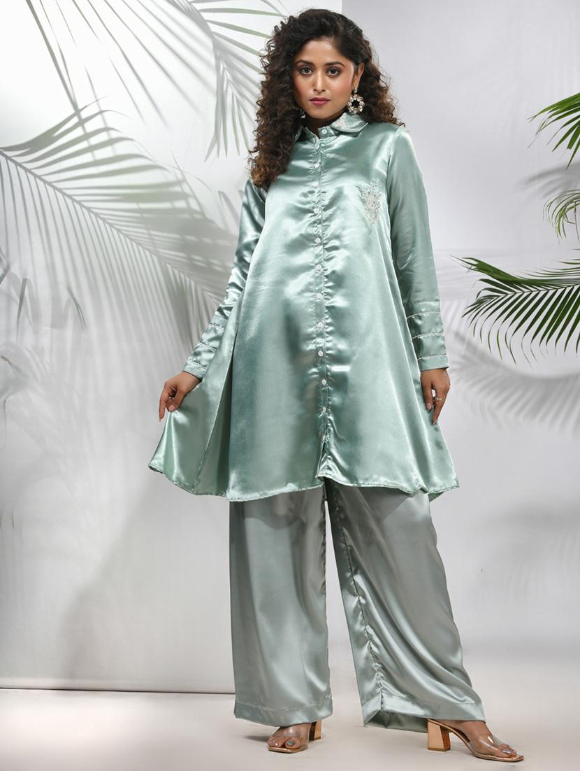green satin fusion kurta - 21157700 - Zoom Image - 0