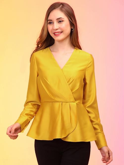 globus women yellow wrap neck cuffed sleeves pleated satin workwear top - 21158021 - Standard Image - 0