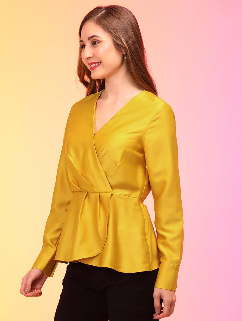 globus women yellow wrap neck cuffed sleeves pleated satin workwear top - 21158021 -  Standard Image - 1