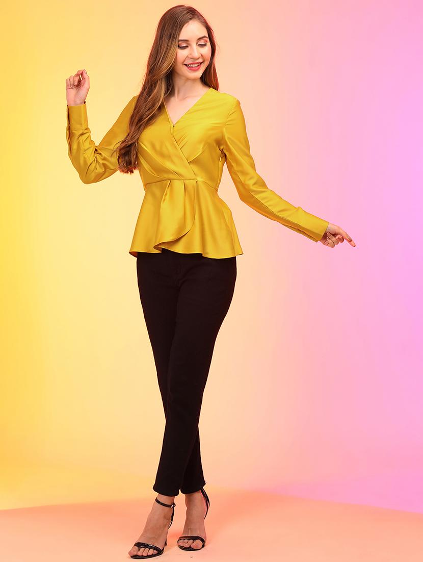 globus women yellow wrap neck cuffed sleeves pleated satin workwear top - 21158021 - Standard Image - 4