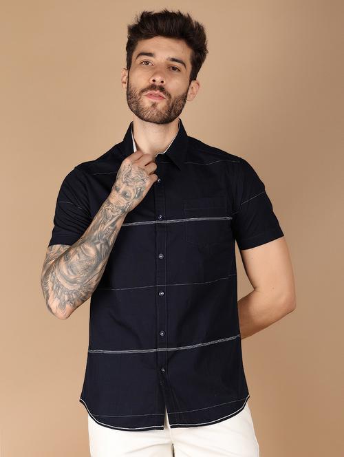 navy blue striped casual shirt - 21158941 - Standard Image - 0