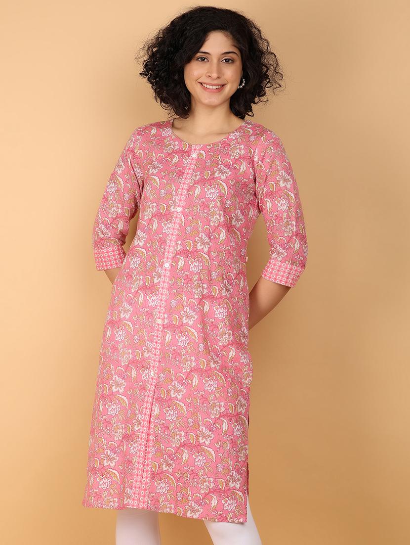 women pink floral straight kurta - 21159475 -  Zoom Image - 0
